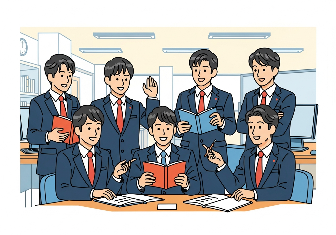 a group of people in a bright room engaged in conversation and learning no text