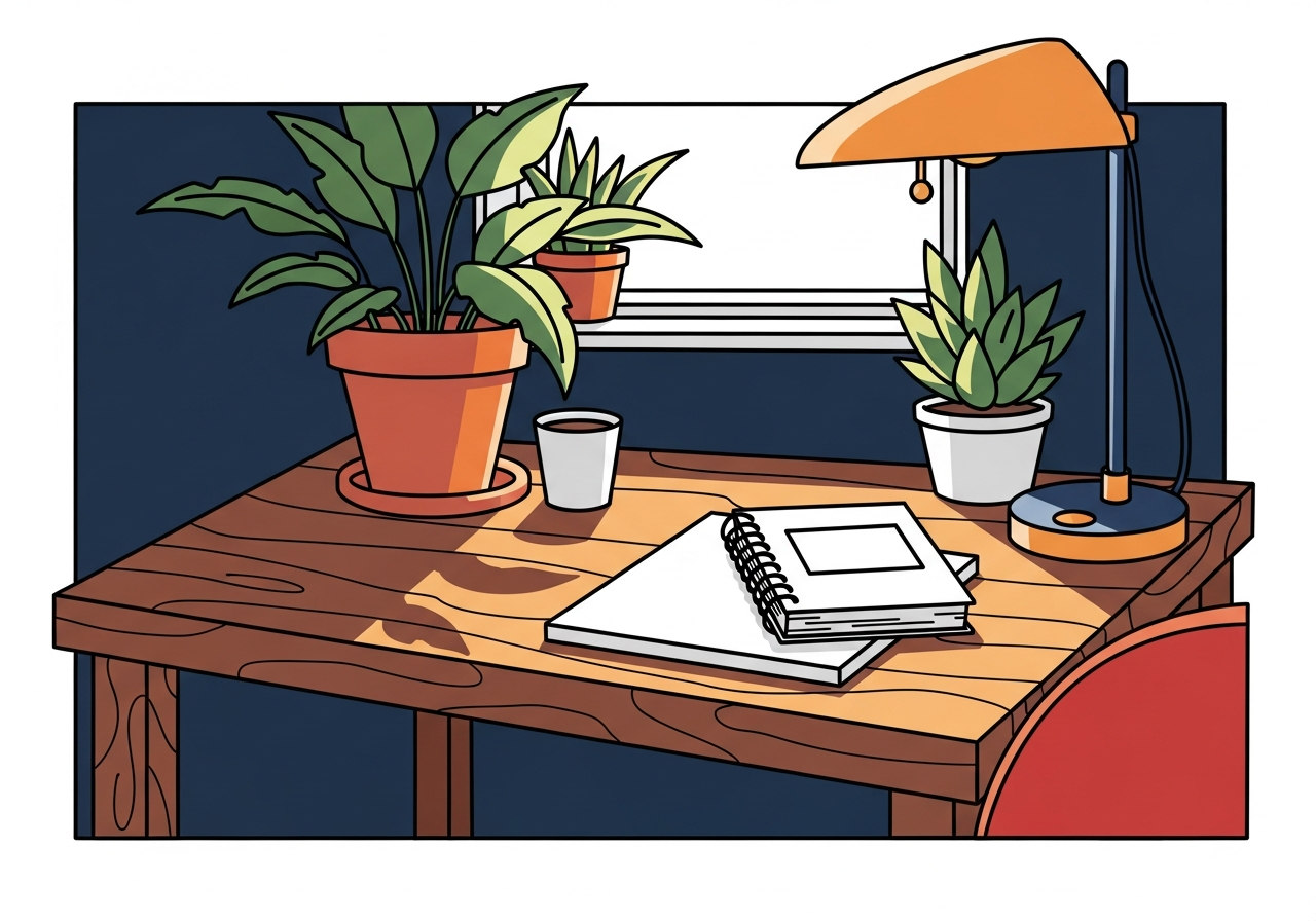 a wooden desk with natural objects like a plant and a notebook in morning light no text