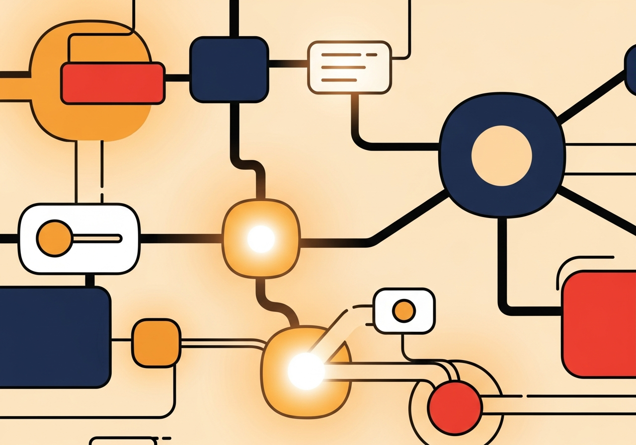 abstract digital nodes connecting in a warm glowing network no text