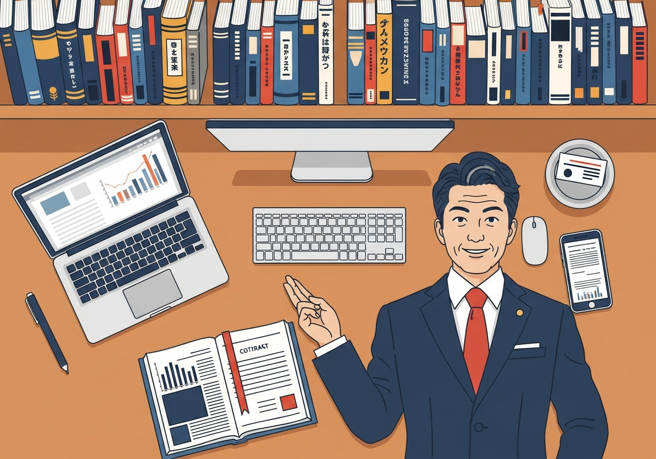 本棚に並ぶ古典的なビジネス書と、MacBookが並んだデスクの俯瞰写真