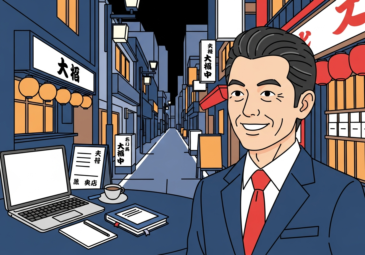 夜の札幌の街並み、居酒屋の明かりが灯る路地の写真