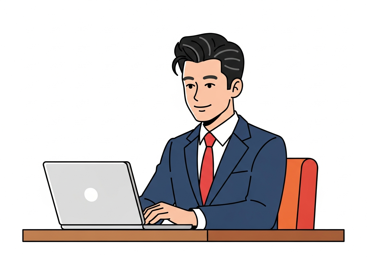 a person sitting at a wooden desk in morning light, looking at a laptop with a calm expression