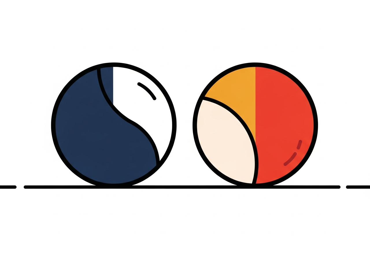 two abstract circular shapes side by side on a clean white surface, representing comparison