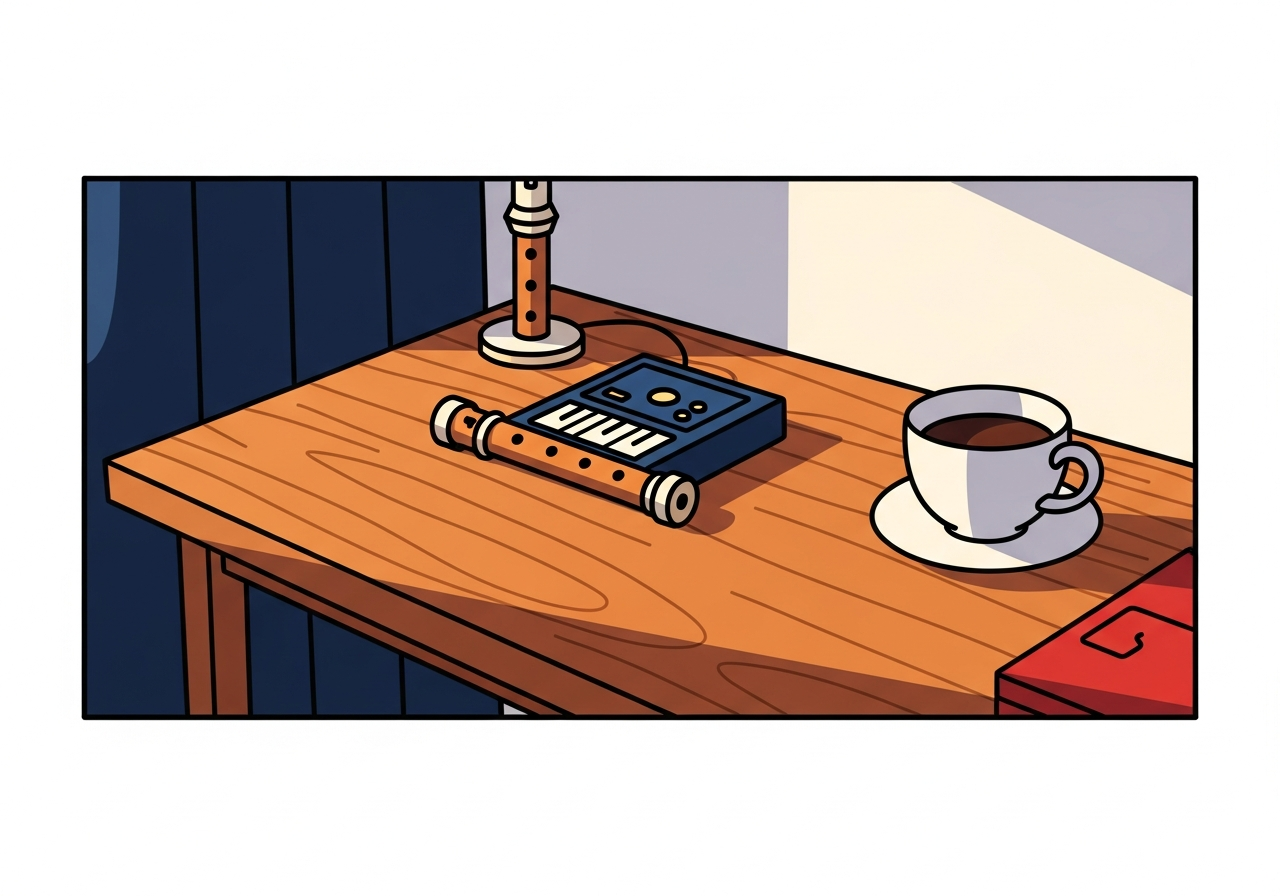 a wooden desk with a small recorder and a coffee cup in morning light, no text visible