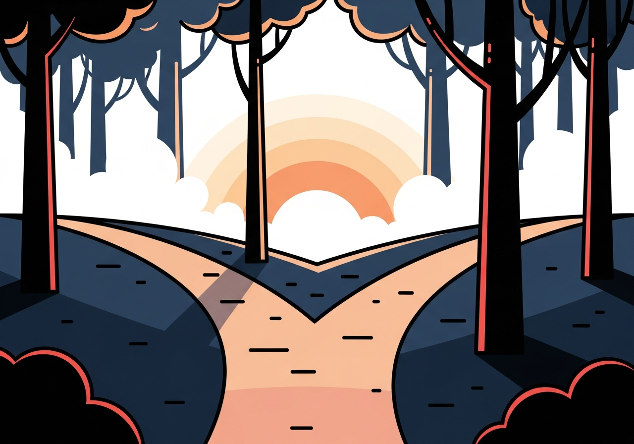 a fork in a forest path at dawn, representing a choice, no signs or text