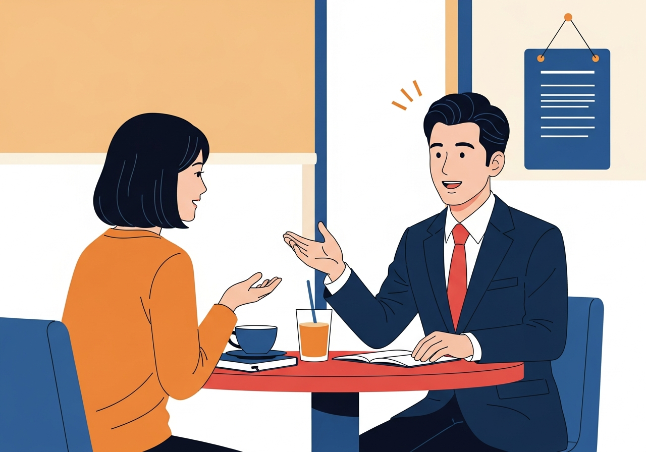 two people in conversation at a cafe table, warm afternoon light, no screens visible