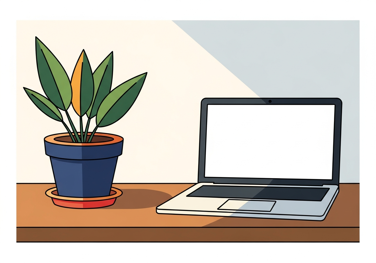 a small potted plant on a wooden desk next to a laptop, soft morning light, no text