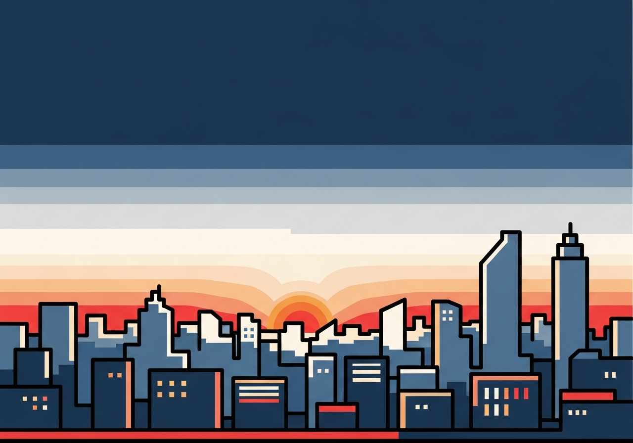a calm sunrise over a city skyline, abstract and soft, no text or signs