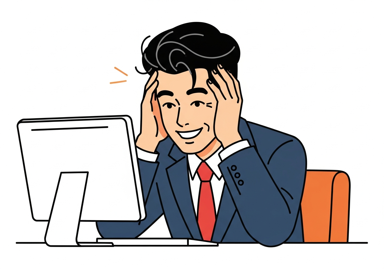 ひとり社長がPCの前で頭を抱えているイラスト