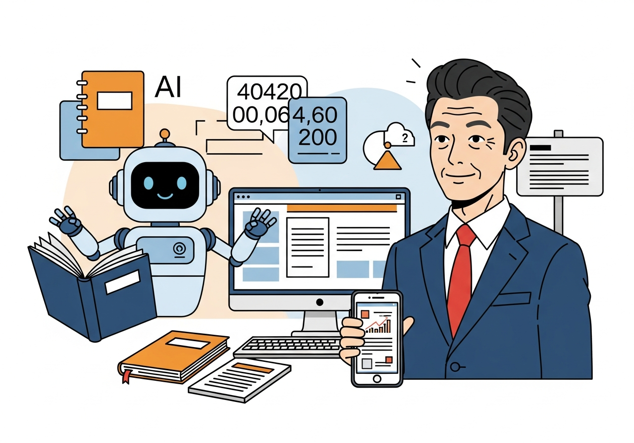 AIが会計データを自動処理するイメージ図(ロボットと数字が並ぶ)