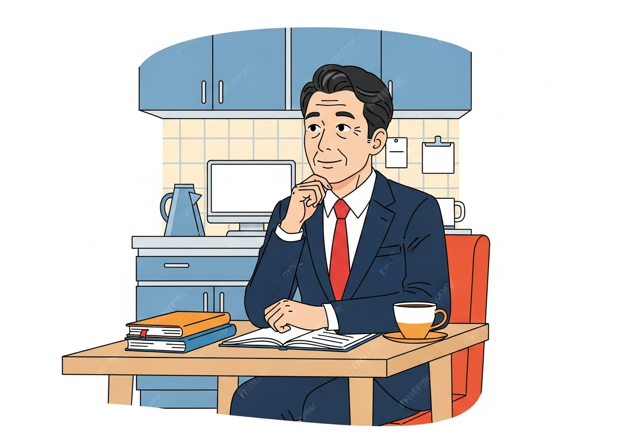a middle-aged person sitting alone at a small kitchen table in early morning light, looking thoughtful