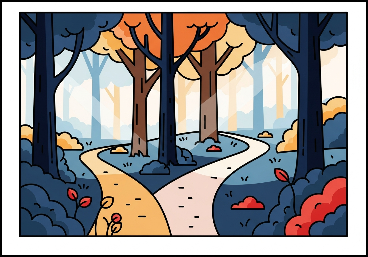 two paths diverging in a quiet forest, soft light filtering through trees