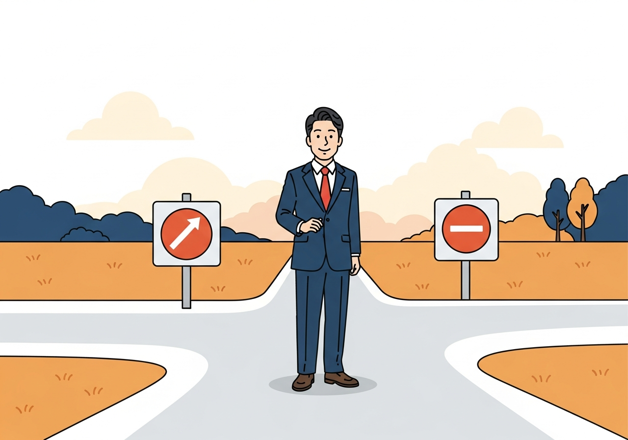 a calm person standing at a crossroads in an open field, looking forward with quiet confidence