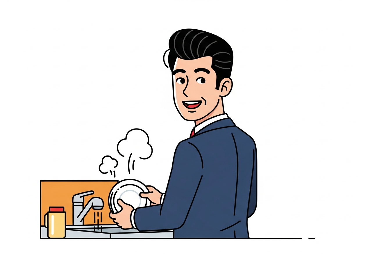 a person washing dishes at a sink, steam rising, viewed from behind in a small restaurant kitchen