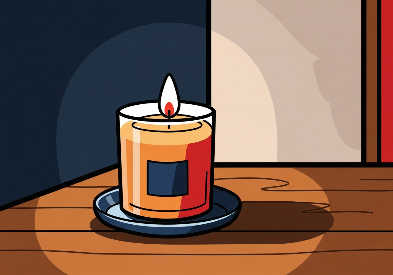 a single lit candle on a wooden table in a dark room, warm glow casting soft shadows