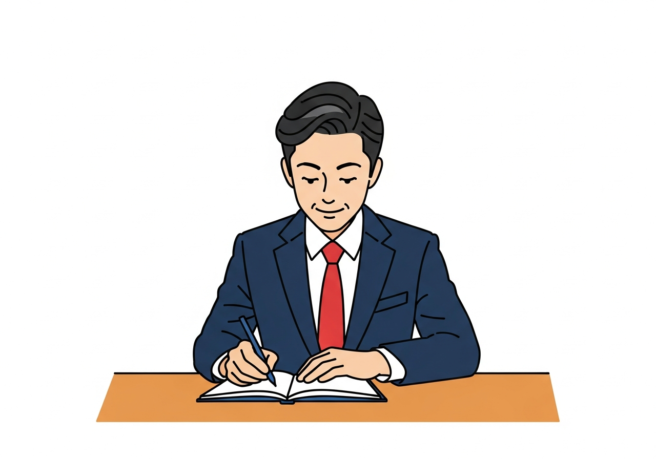 a person writing in a notebook at a sunlit wooden desk, no screen, focused and calm