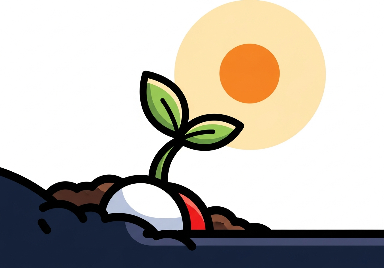 a small seedling growing from dark soil toward sunlight, close-up, warm tones