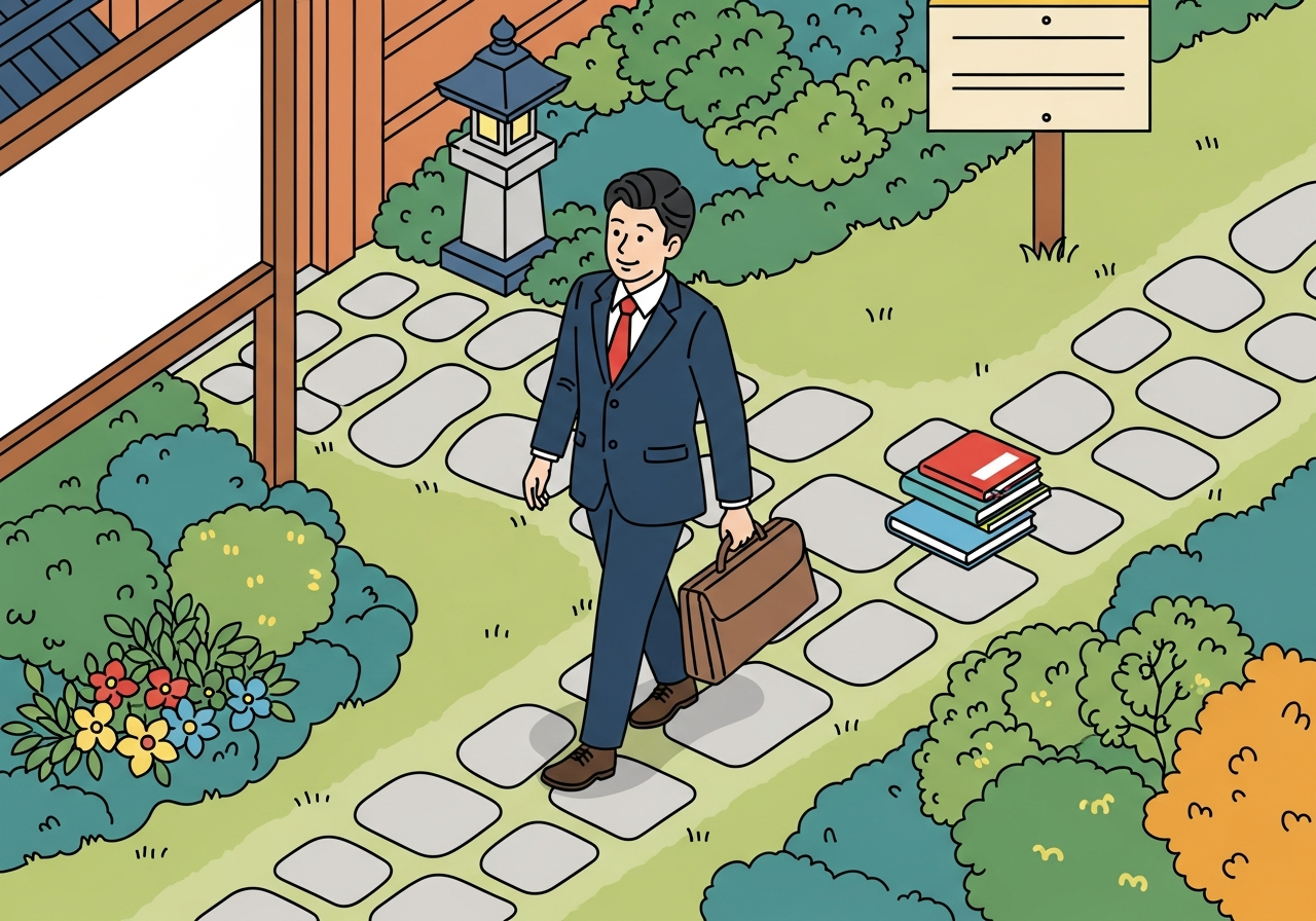 a person taking one careful step on a stone path through a quiet garden, viewed from above