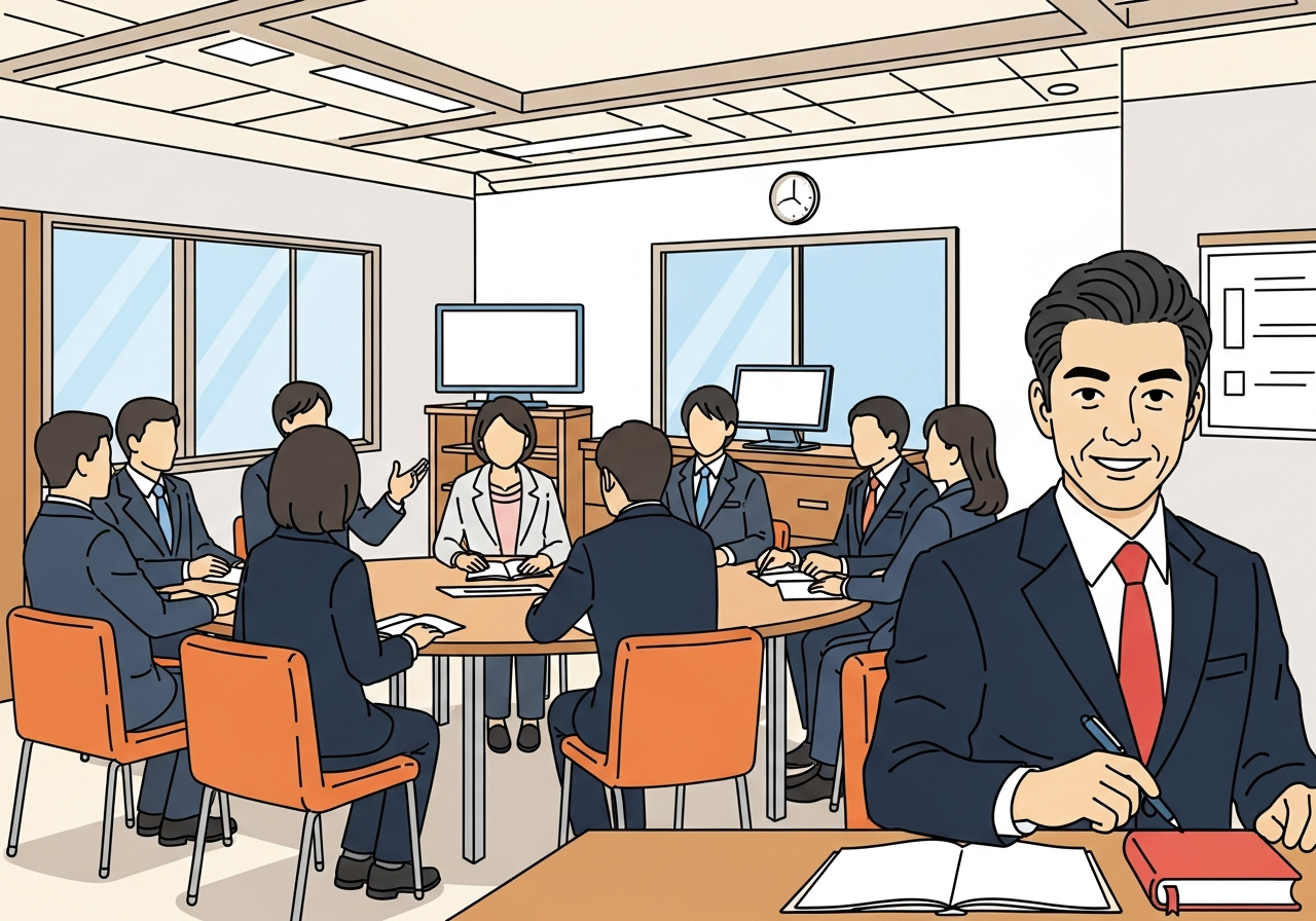 a warm seminar room with soft lighting, people seated in a circle, engaged in conversation, no faces visible