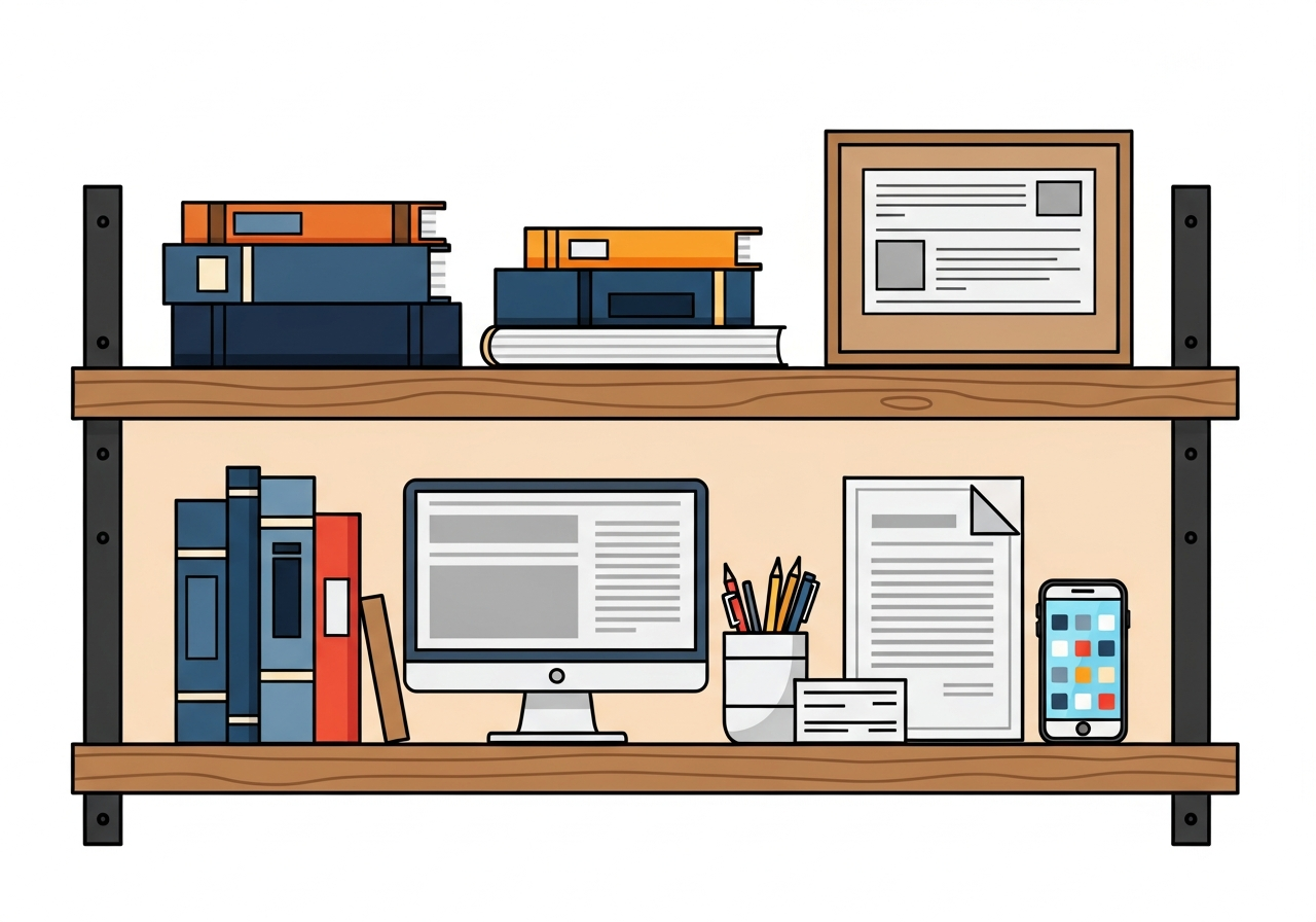 a wooden shelf with a few carefully chosen items, warm light, minimal and intentional