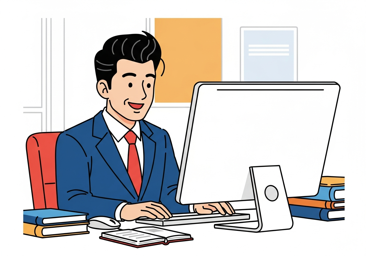 a person at a bright open workspace, looking at a large monitor with a sense of calm focus, no screen content visible