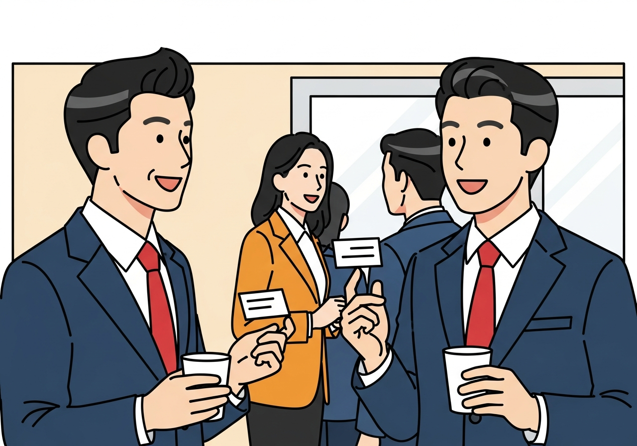 BNIのような経営者交流会の様子・名刺交換ではなく会話しているシーン