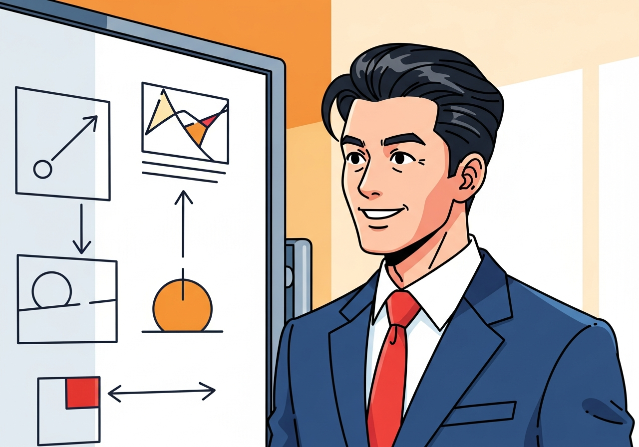 a person looking at a whiteboard with simple diagrams in a bright office
