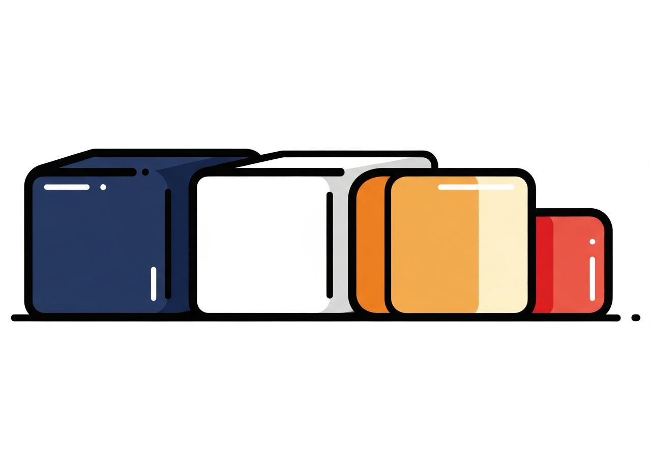 three abstract colored blocks arranged side by side on a clean surface