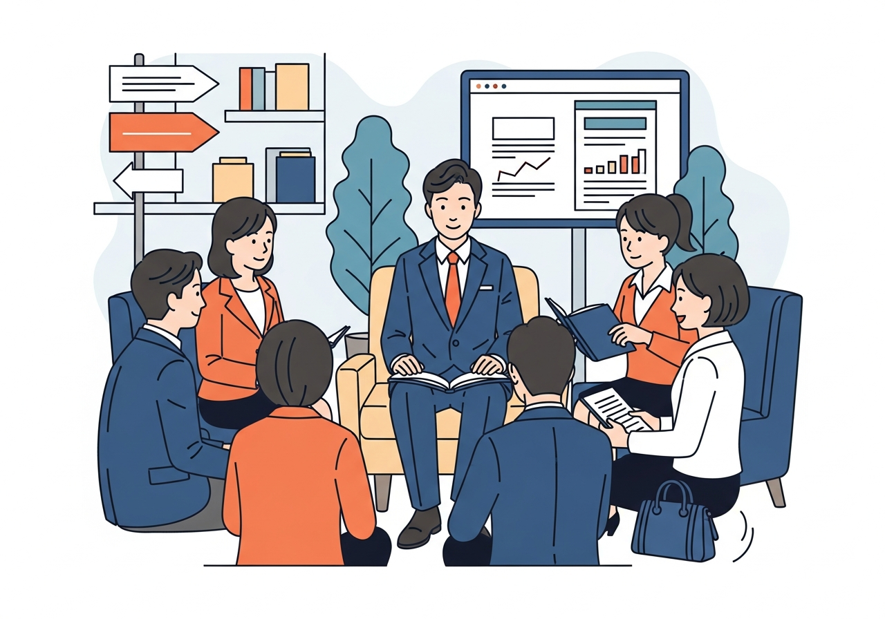 a group of people sitting in a circle having a calm discussion in natural light