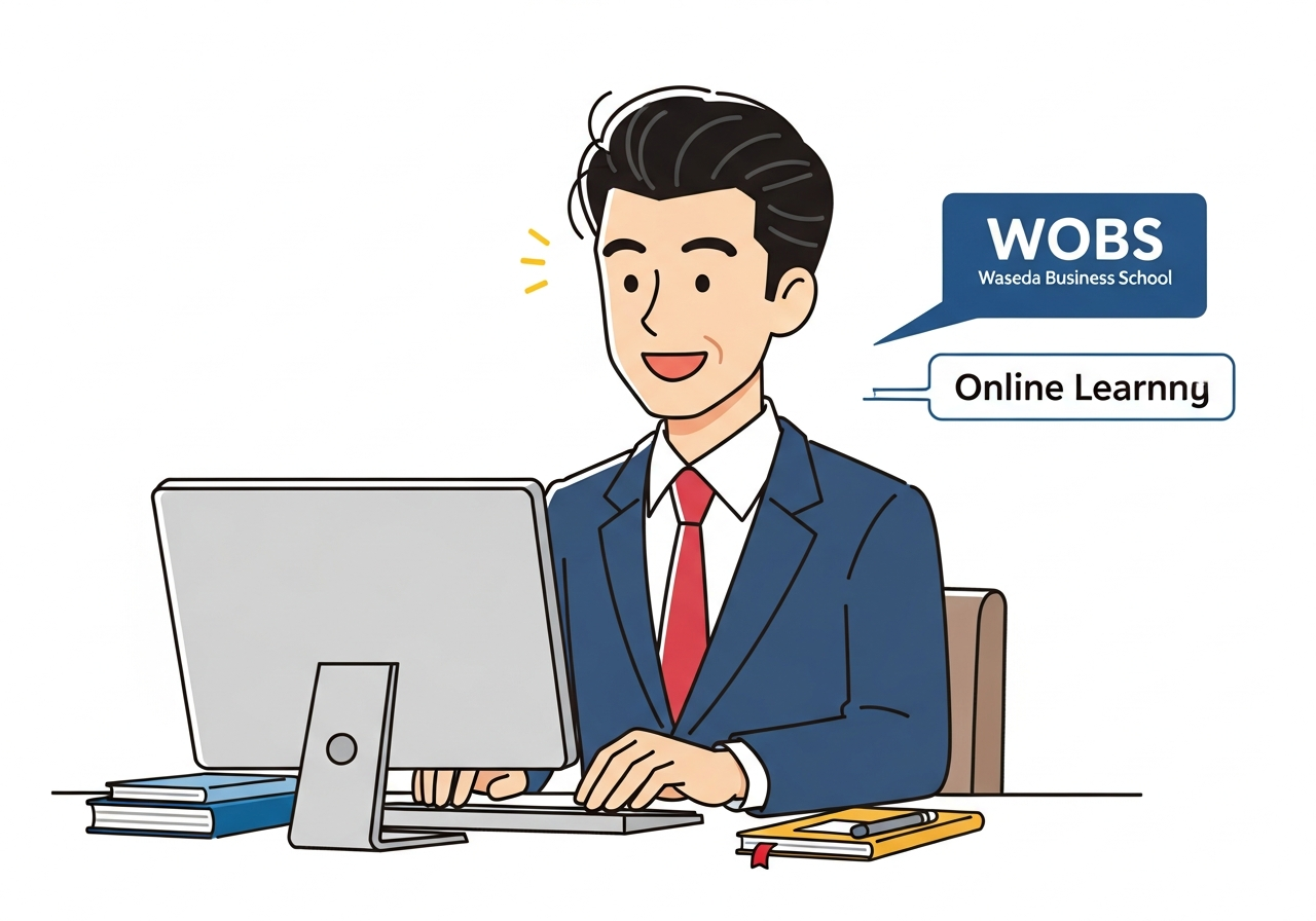 WOBSの受講生が笑顔でオンライン受講している場面・リモートで学ぶ経営者のイメージ