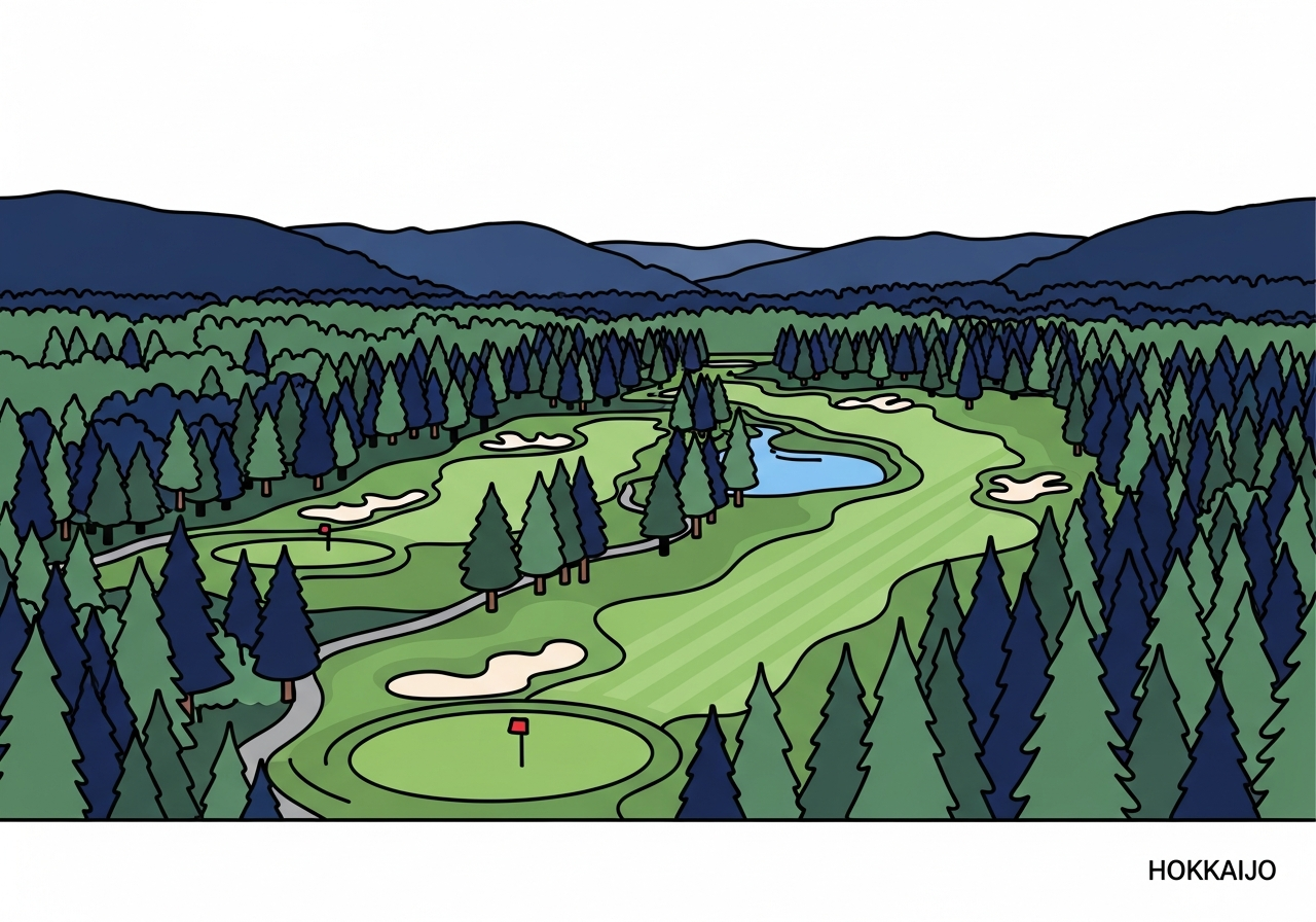 aerial view of a lush green golf course in Hokkaido surrounded by forests