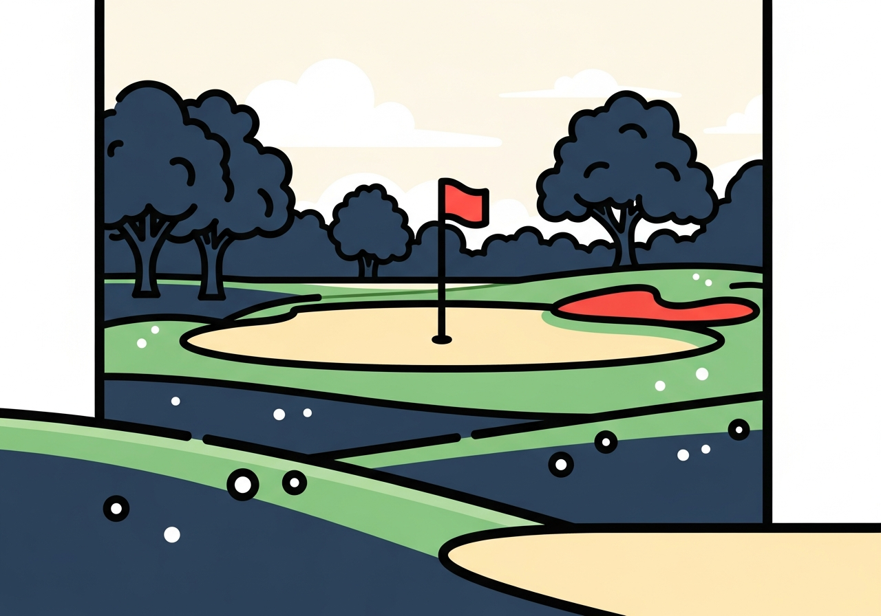 a calm morning golf course with dew on the grass and trees in background