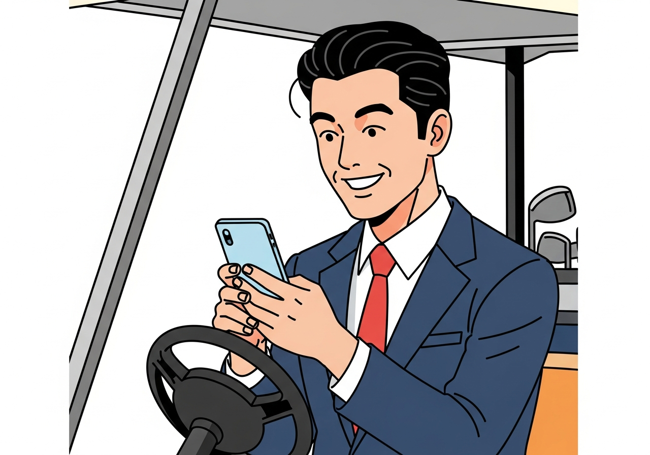 a person checking a smartphone on a golf cart in early morning light