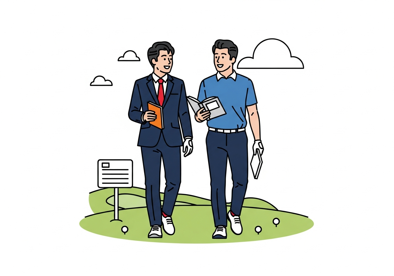 two men walking side by side on a golf fairway in casual conversation
