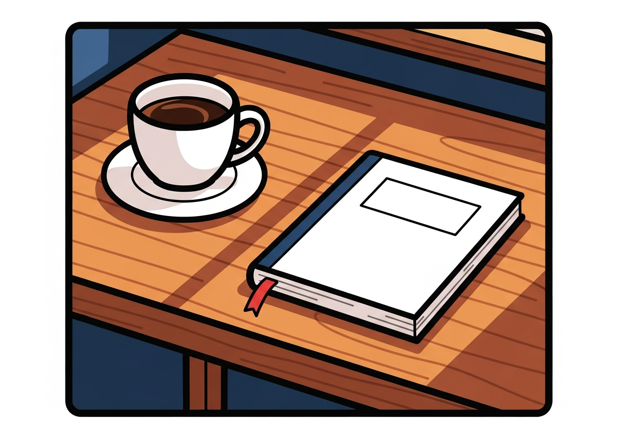 a wooden desk with a cup of coffee and a notebook in morning light, no text visible