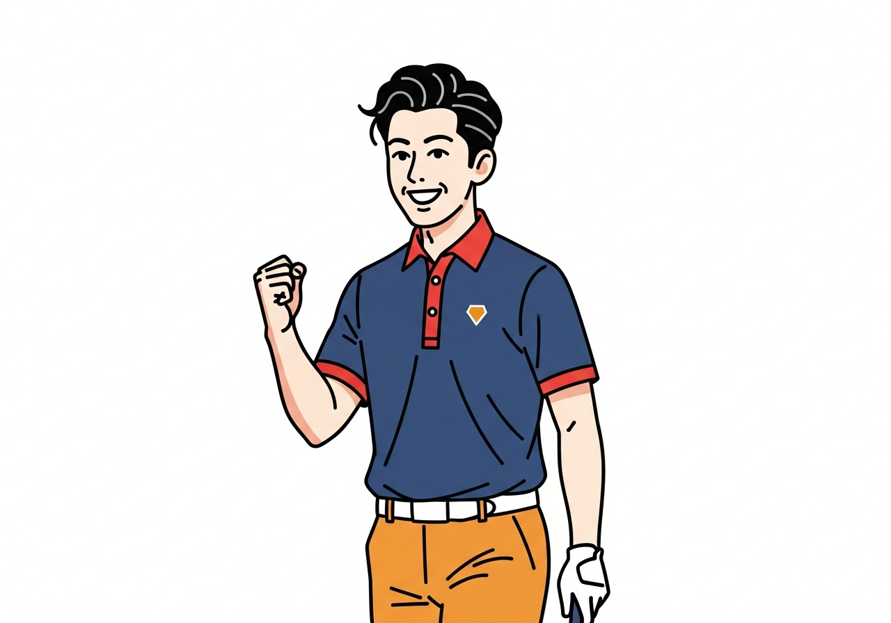 a golfer raising a fist in celebration on a sunny golf course