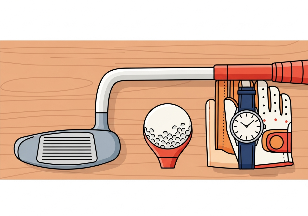 a clean wooden surface with golf equipment and a wristwatch laid out neatly
