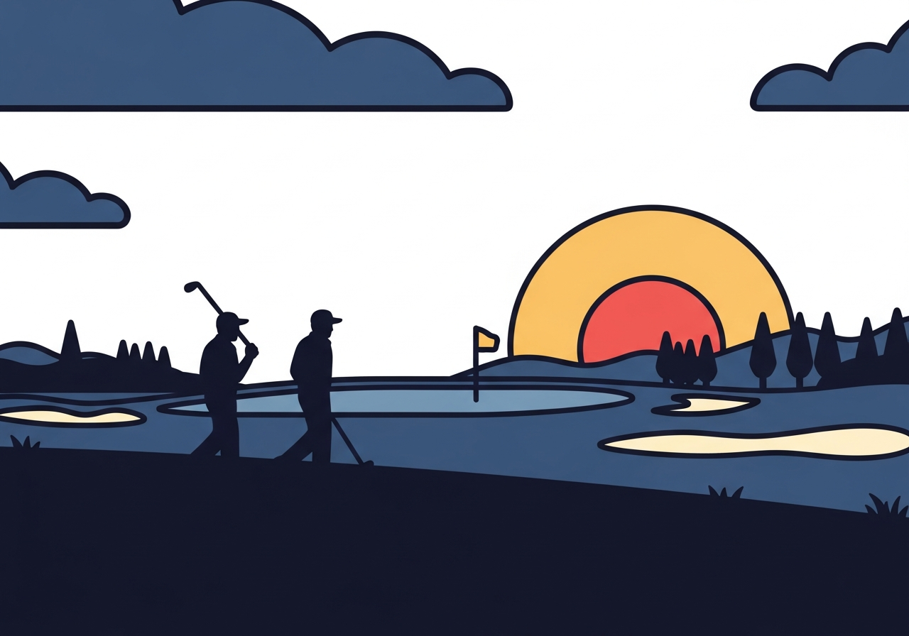 a sunset over a Hokkaido golf course with silhouettes of two golfers walking