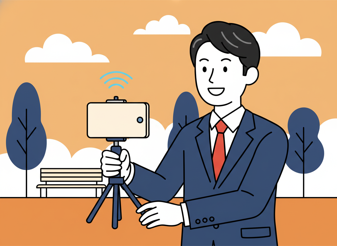 屋外でスマホとミニ三脚を使って配信しているビジネスパーソンのイメージ