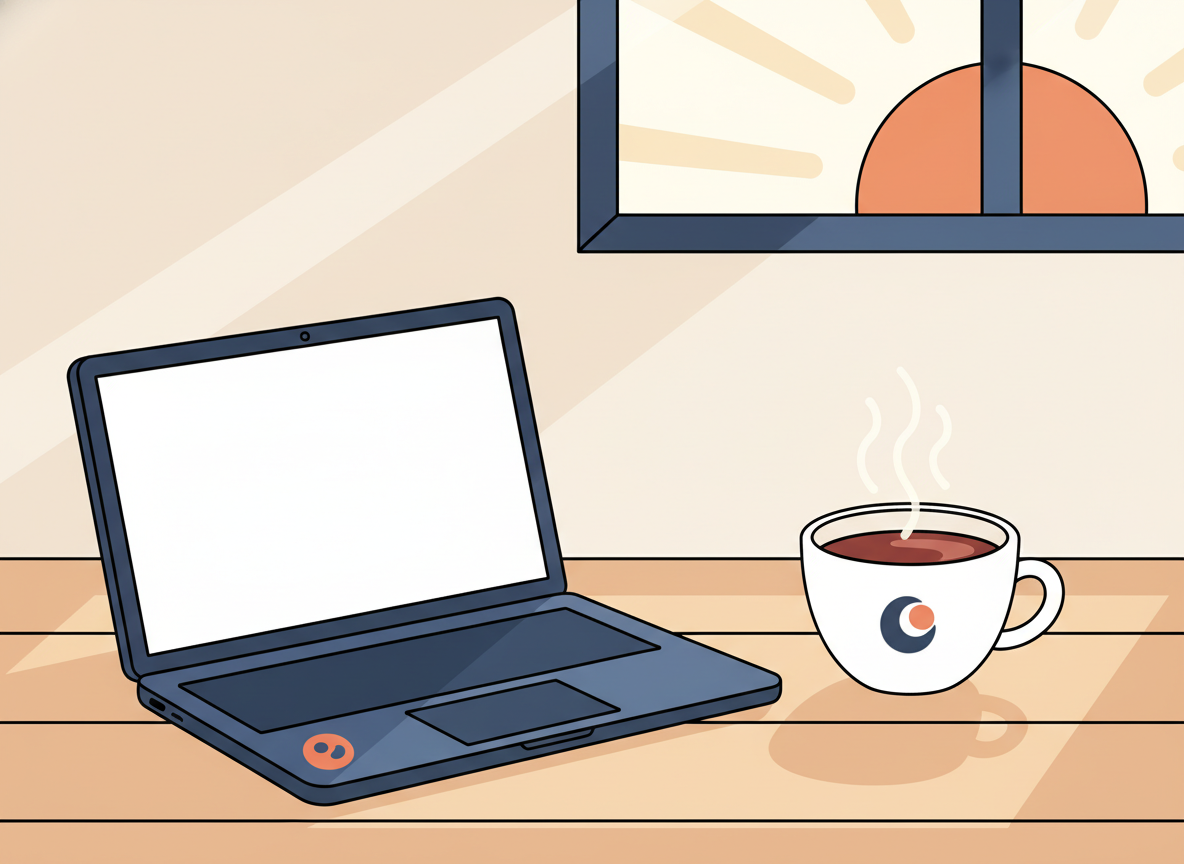 a wooden desk in morning light with a cup of coffee and a laptop, minimal and calm atmosphere