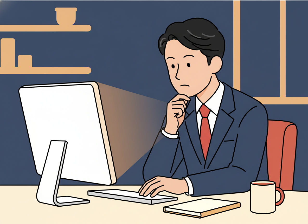 a person sitting alone at a desk looking at a screen, slightly puzzled expression, soft office light