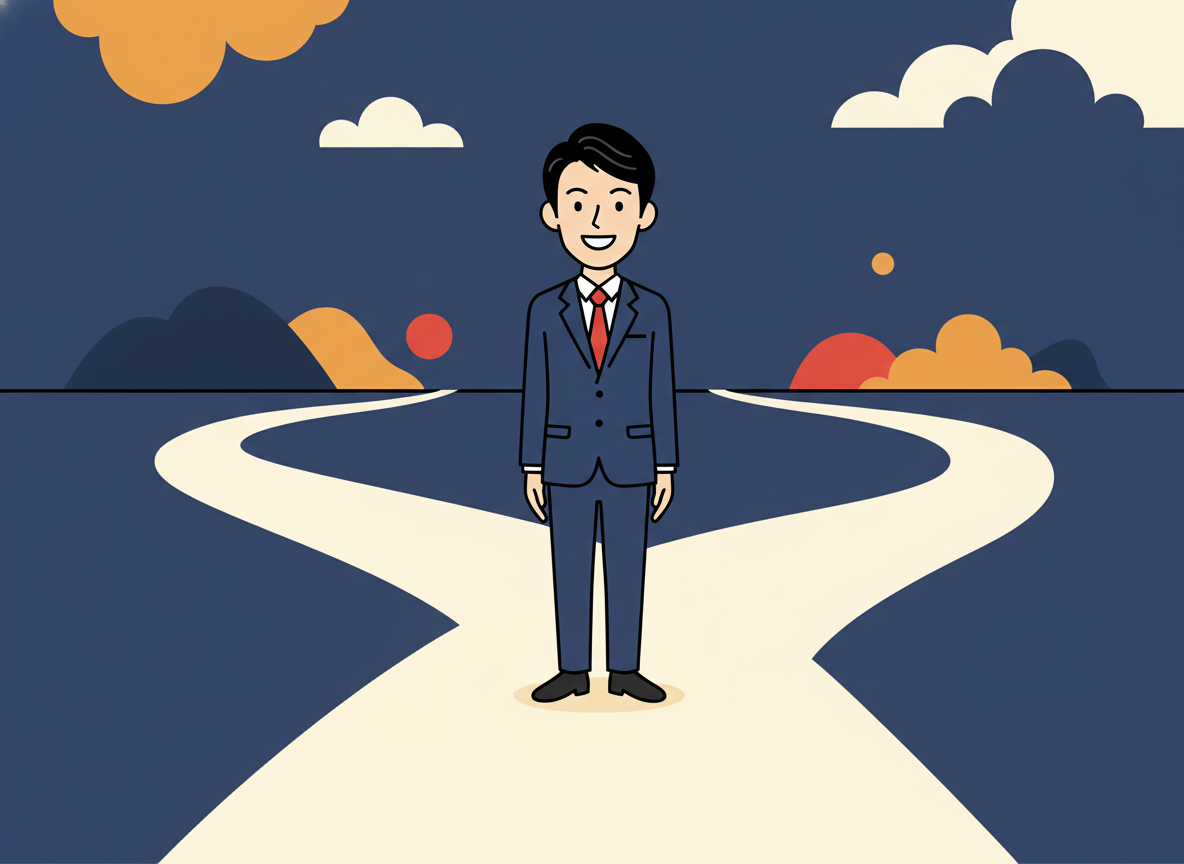 a calm person standing at a crossroads with three roads ahead, abstract minimalist illustration