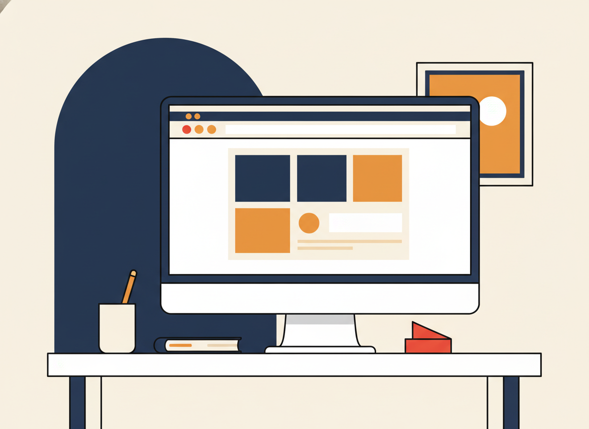 a clean minimal workspace with a monitor showing a beautiful simple website layout, no text on screen