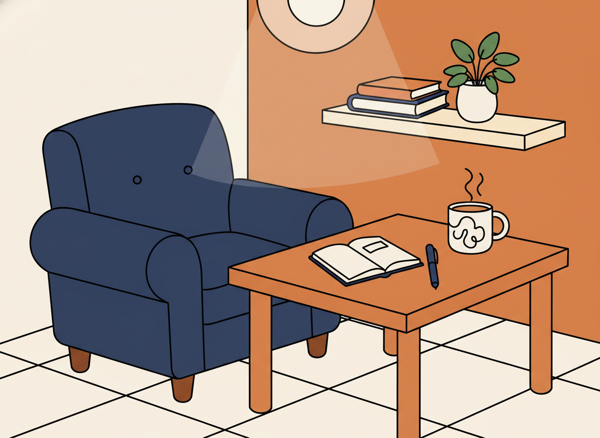 a warm coffee shop corner with a notebook and pen on the table, cozy atmosphere, no text visible