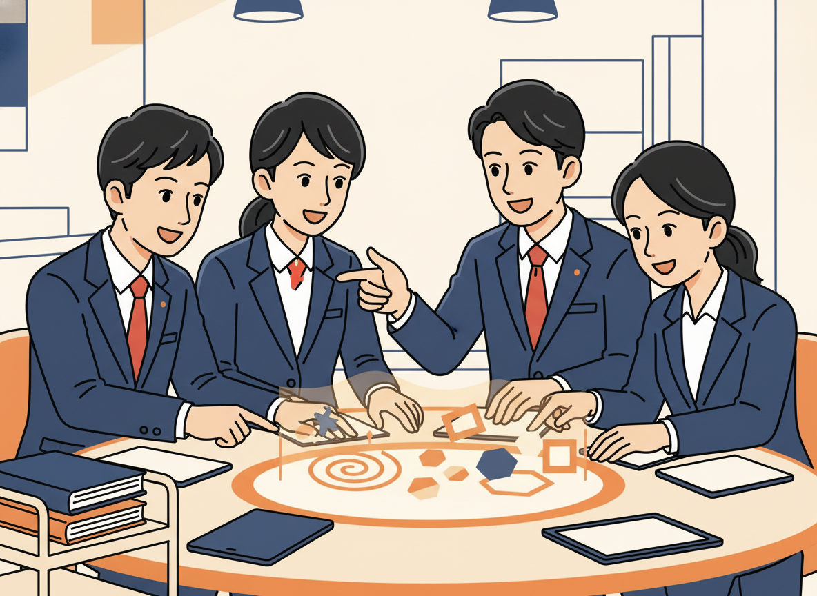 a group of people collaborating around a bright table, motivated and focused, warm light