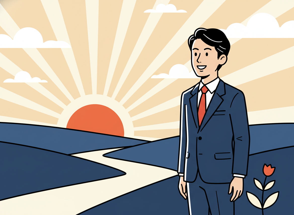 a peaceful sunrise over a calm landscape, representing a fresh start and steady progress