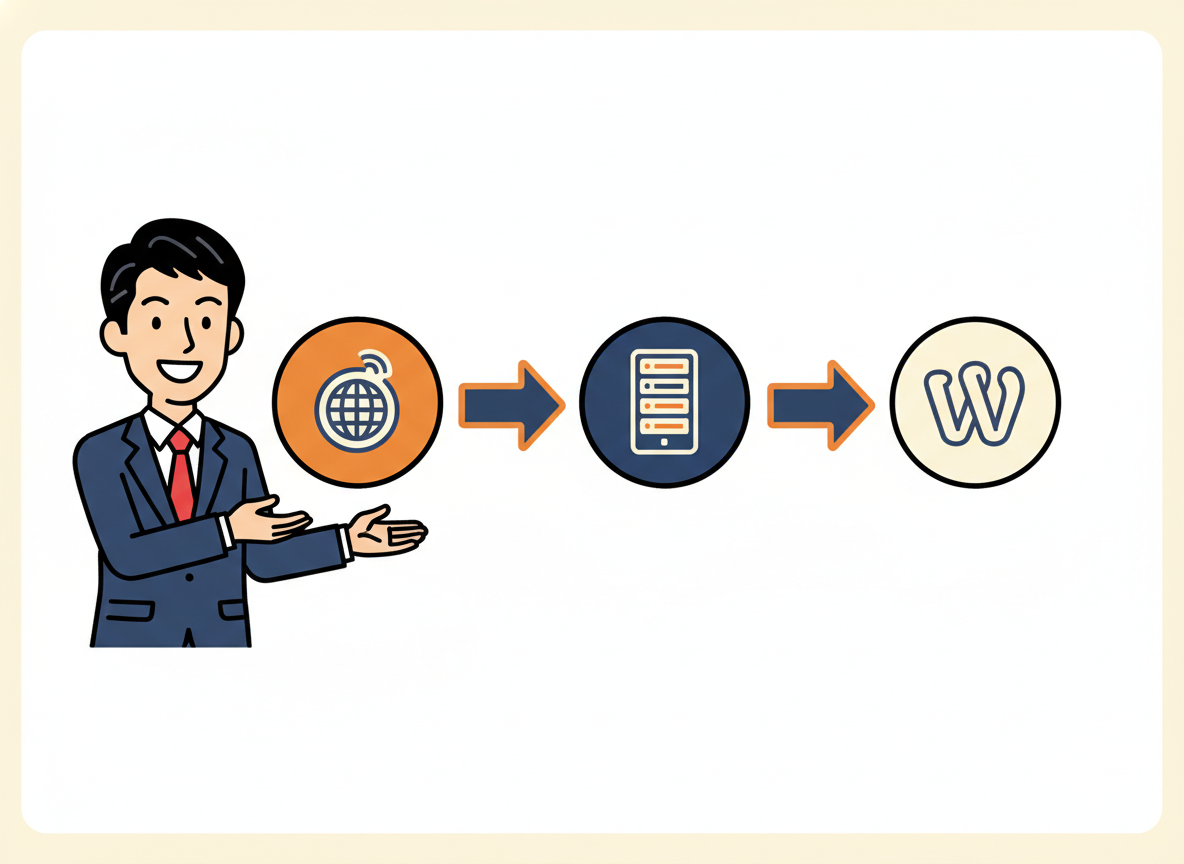 ドメイン→サーバー→WordPress導入の3ステップを示すフロー図