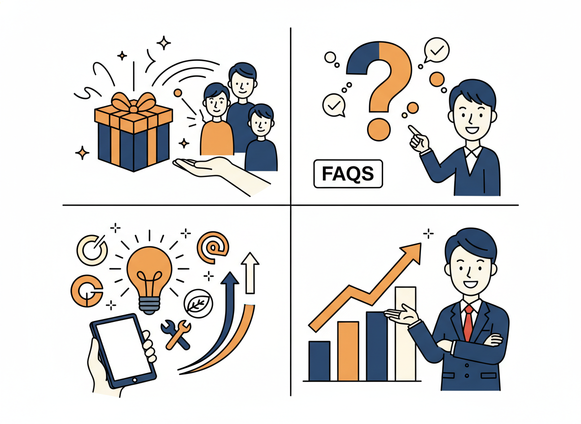 「先に与えるコンテンツ」の例示・FAQ・お役立ち情報・実績の見せ方イメージ