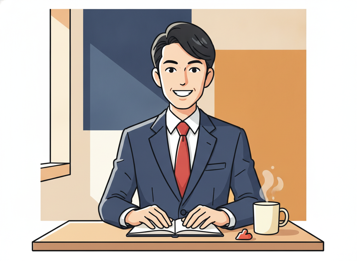 a person at a wooden desk in morning light, looking calm and focused
