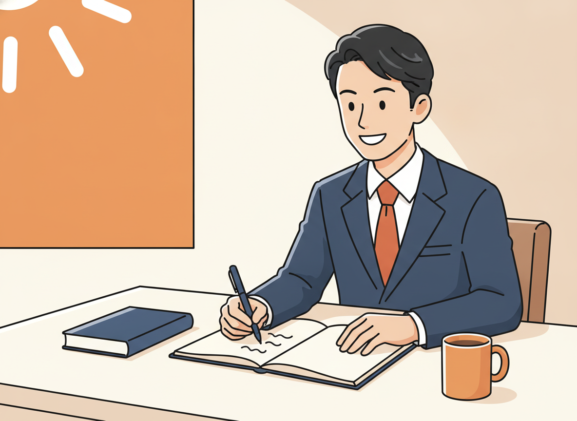 a person writing on a notebook at a bright desk, no text visible
